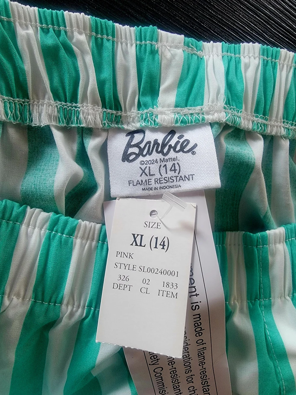 Barbie Pink Tee with Green Striped Tennis Shorts Pajama Set Size XL (14)